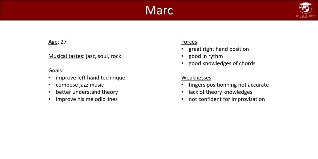 Vue d'un programme de cours de guitare et musique personnalisé pour chaque élève en fonction de ses objectifs et de ses besoins.